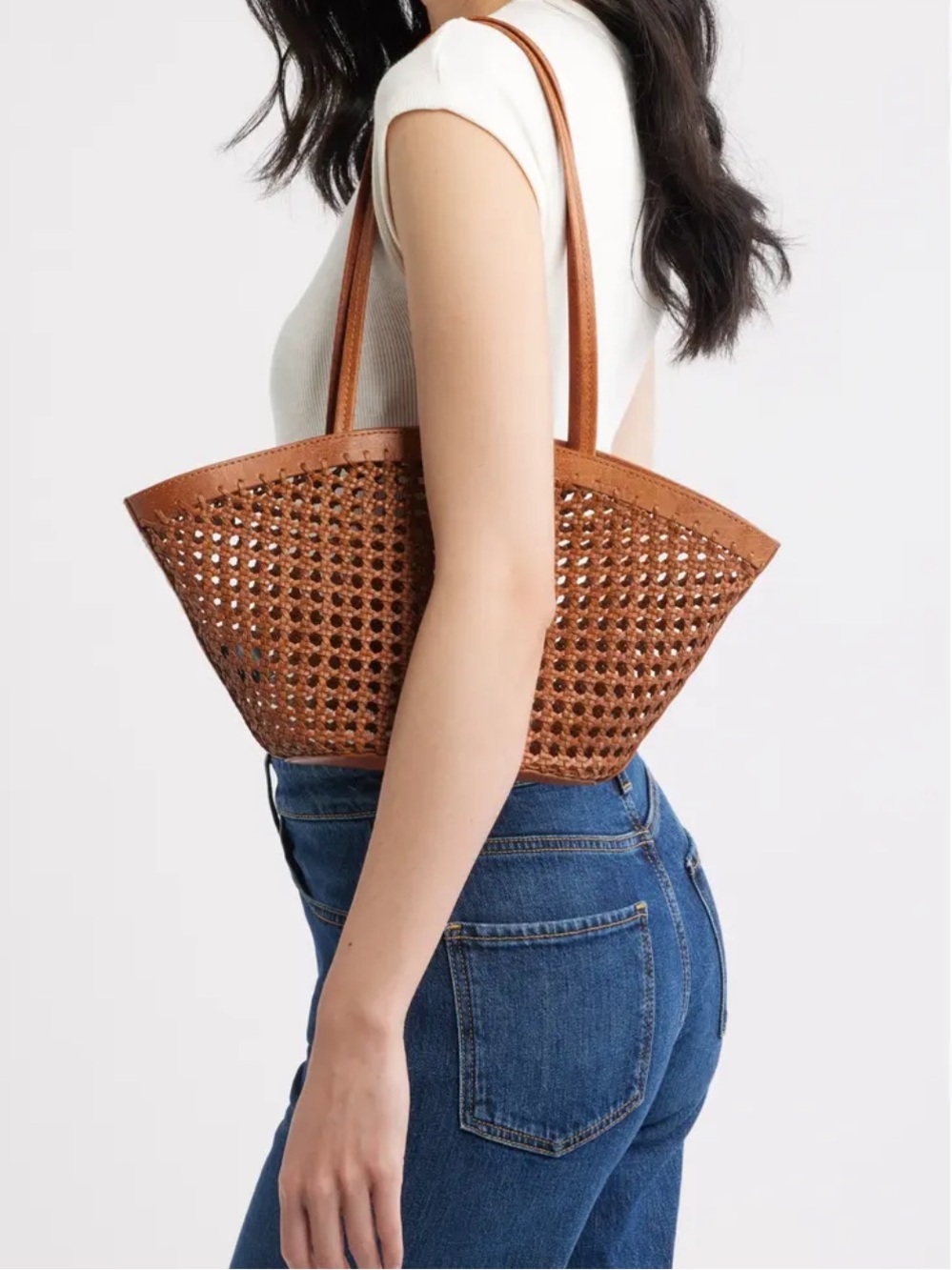 NEW Madewell Cherry Wood Caning Tote Woven Leather Tote Bag in Dark Brown - Picture 8 of 8